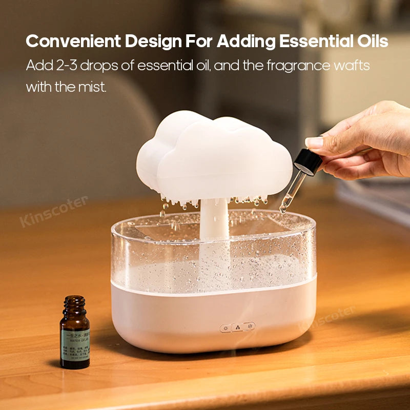 KINSCOTER Rain Clouds Aroma Diffuser: Zen Raindrops Air Humidifier & Essential Oil Sprayer – USB Desktop Ultrasonic Bliss!