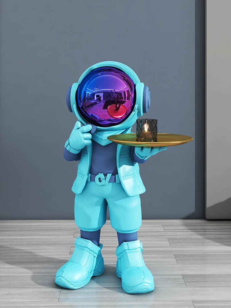 Luminous Astronaut Statue with Tray – Modern Resin Sculpture for Living Room & Floor Décor