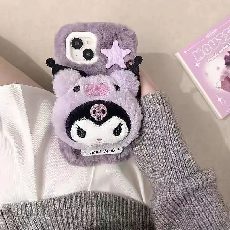 Adorable Sanrio Kuromi Plush Phone Case Cozy Winter Protection for iPhone 12-16 Pro Max Perfect Kawaii Gift