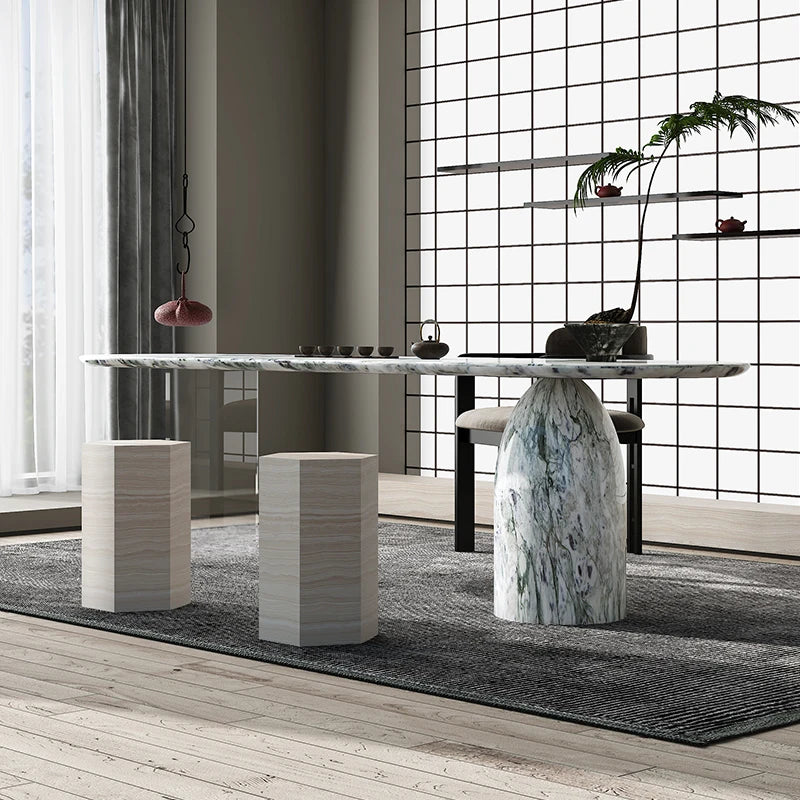 Oval Natural Stone Table with Solid Base Elegant Acrylic Floating Marble Desk for Home & Office