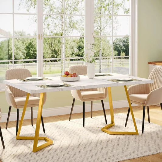 Luxury Gold Dining Table – 55” Modern White Faux Marble Kitchen Table for 6