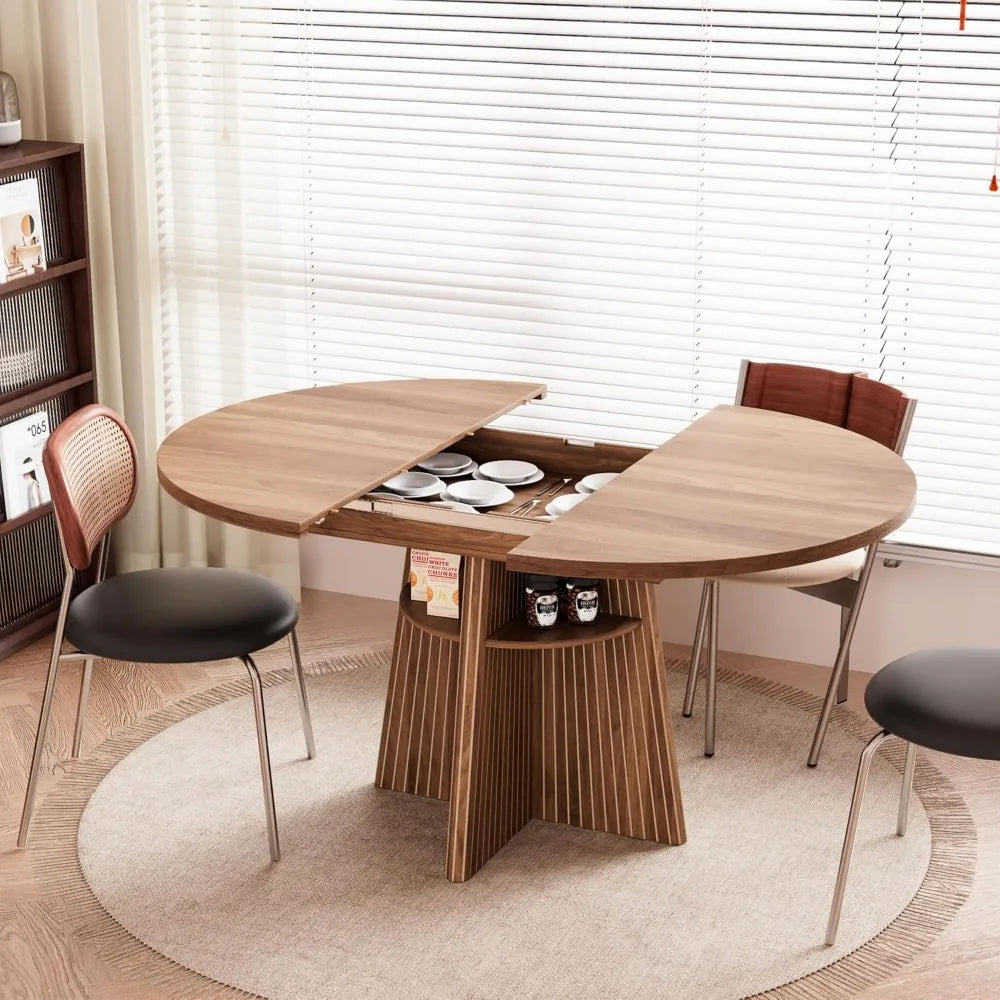 Modern Wooden Expandable Dining Table with Fluted Base Perfect for Family Gatherings & Dinner Parties