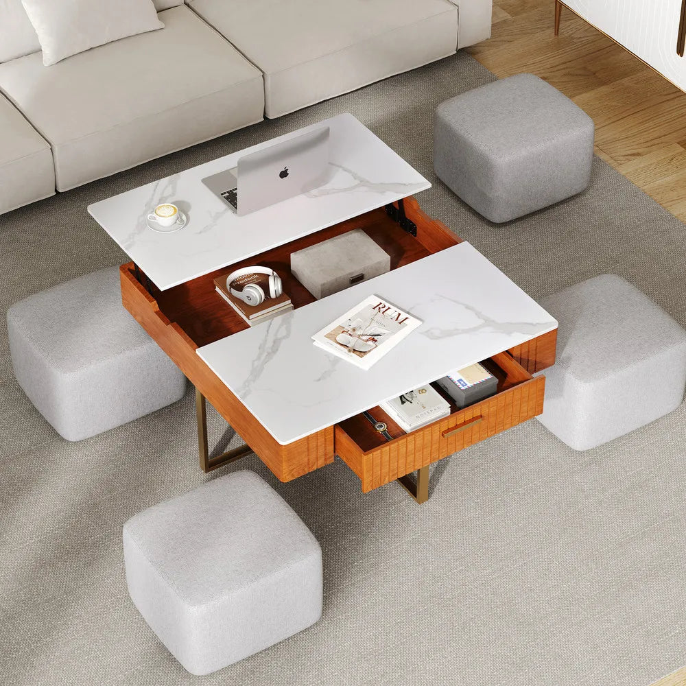 Luxury White Marble Coffee Table Set with Lift Top & 4 Stools Perfect for Modern Living Rooms