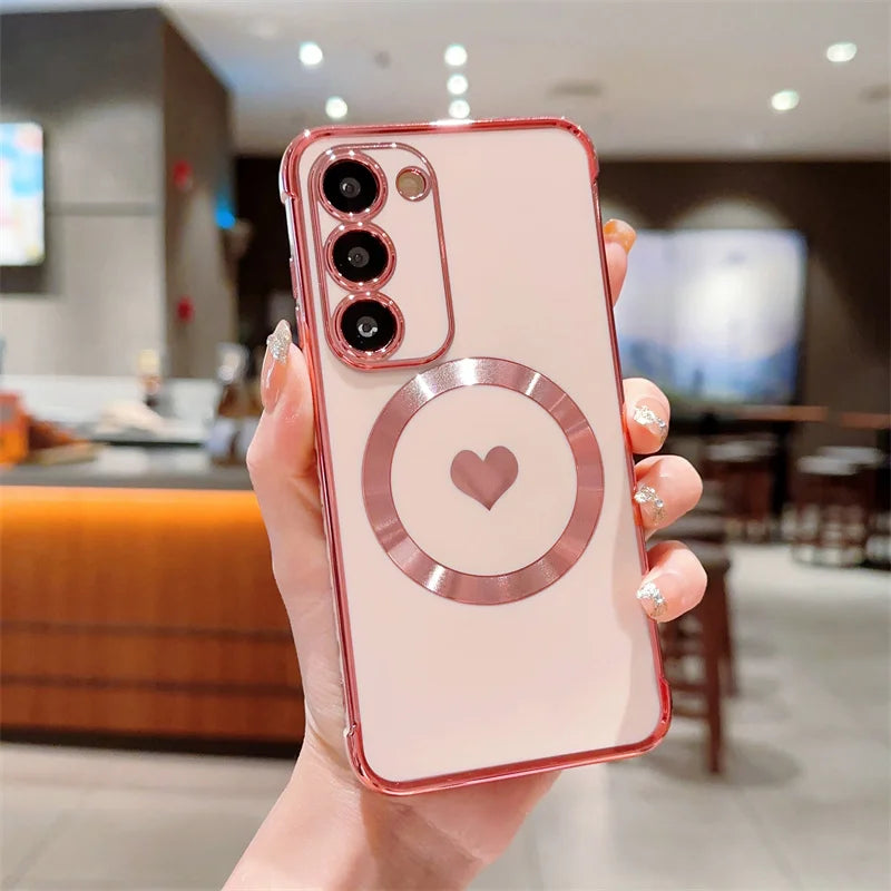 Love Heart Plating Magnetic Phone Case for Samsung Galaxy S24, S23, S22, S21 Ultra & Plus – Shockproof MagSafe Back Cover!