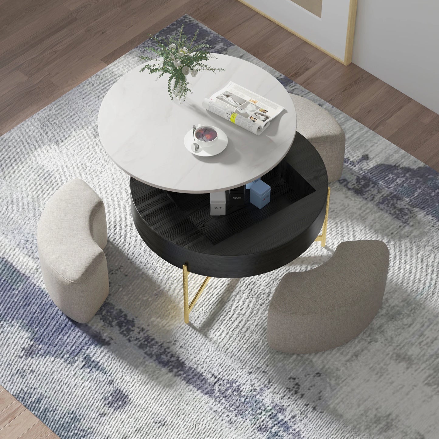 Modern Round Slate Coffee Table with Storage 3 Nesting Stools for Living Room