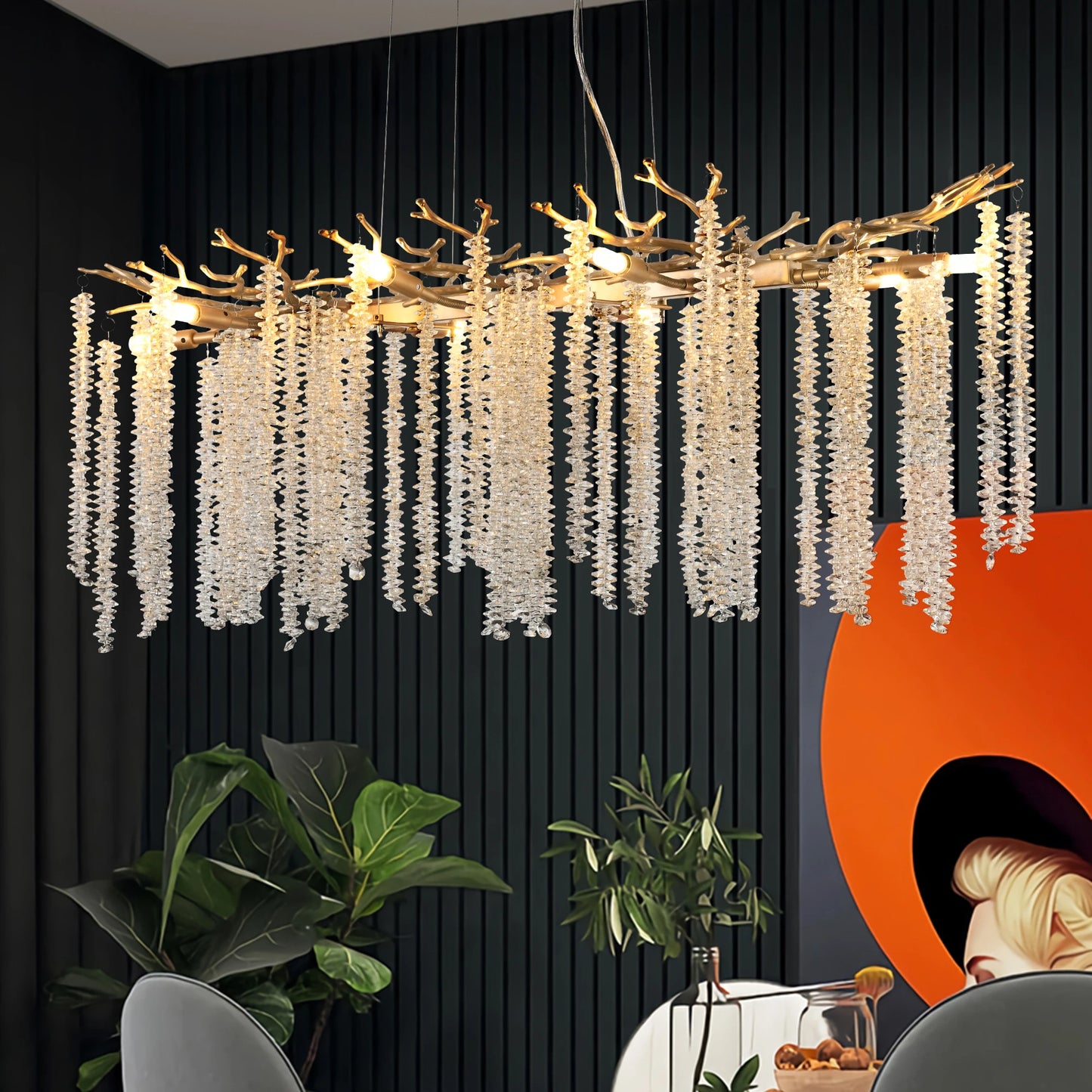 Elegant Crystal String Chandelier – Golden Pendant Lamp for Living Room & Foyer