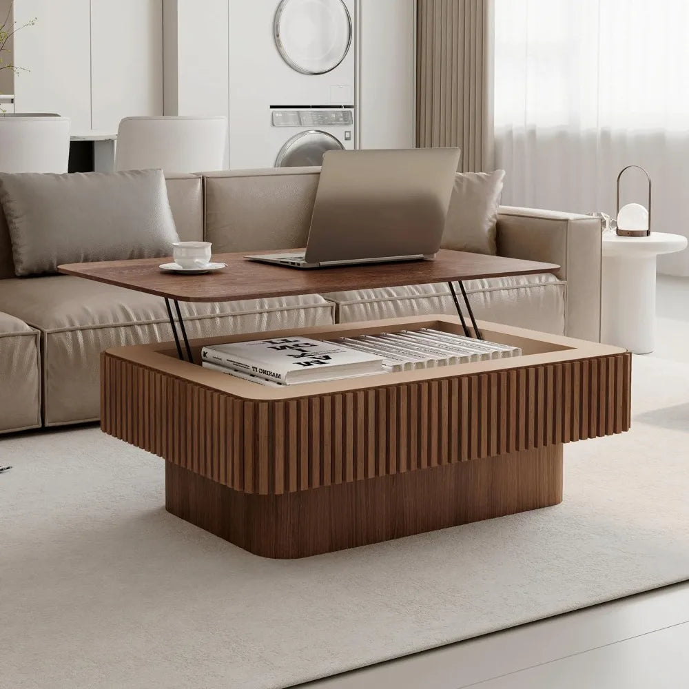 Modern Fluted Square Lift Top Coffee Table with Smart Hidden Storage for Modern Interiors