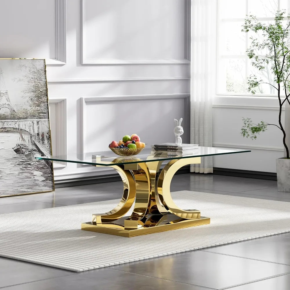 Elegant Glass Center Table – 47" Tempered Glass Coffee Table with Gold Stainless Steel Legs