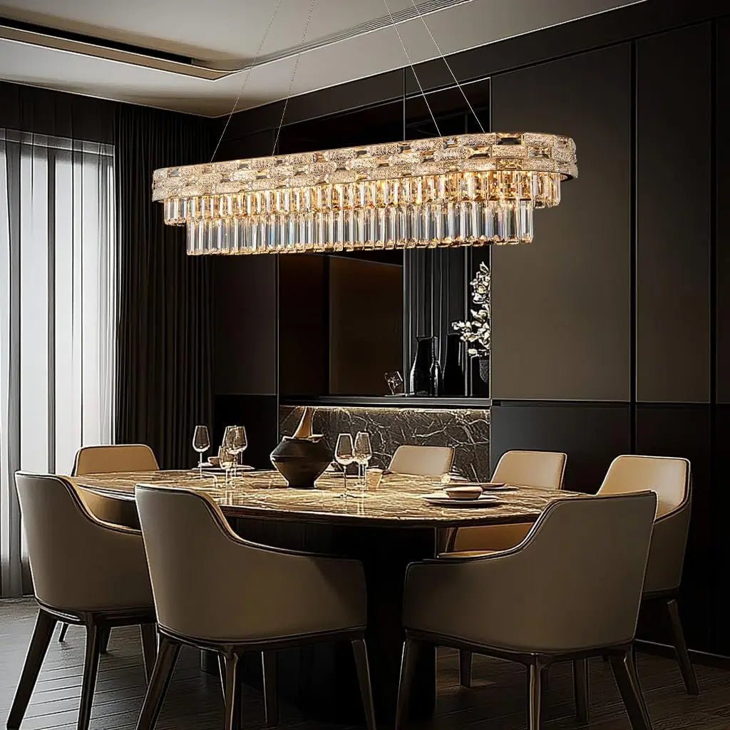 Modern Gold Crystal Chandelier Large LED Pendant Light Perfect for Dining Rooms & Living Spaces
