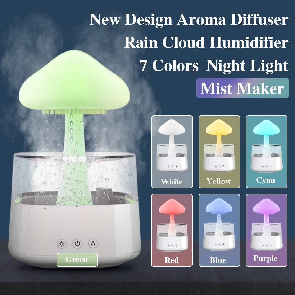 Enchanting Mushroom Rain Humidifier & Aroma Diffuser – Electric Cloud Sound Machine with Colorful Night Lights!