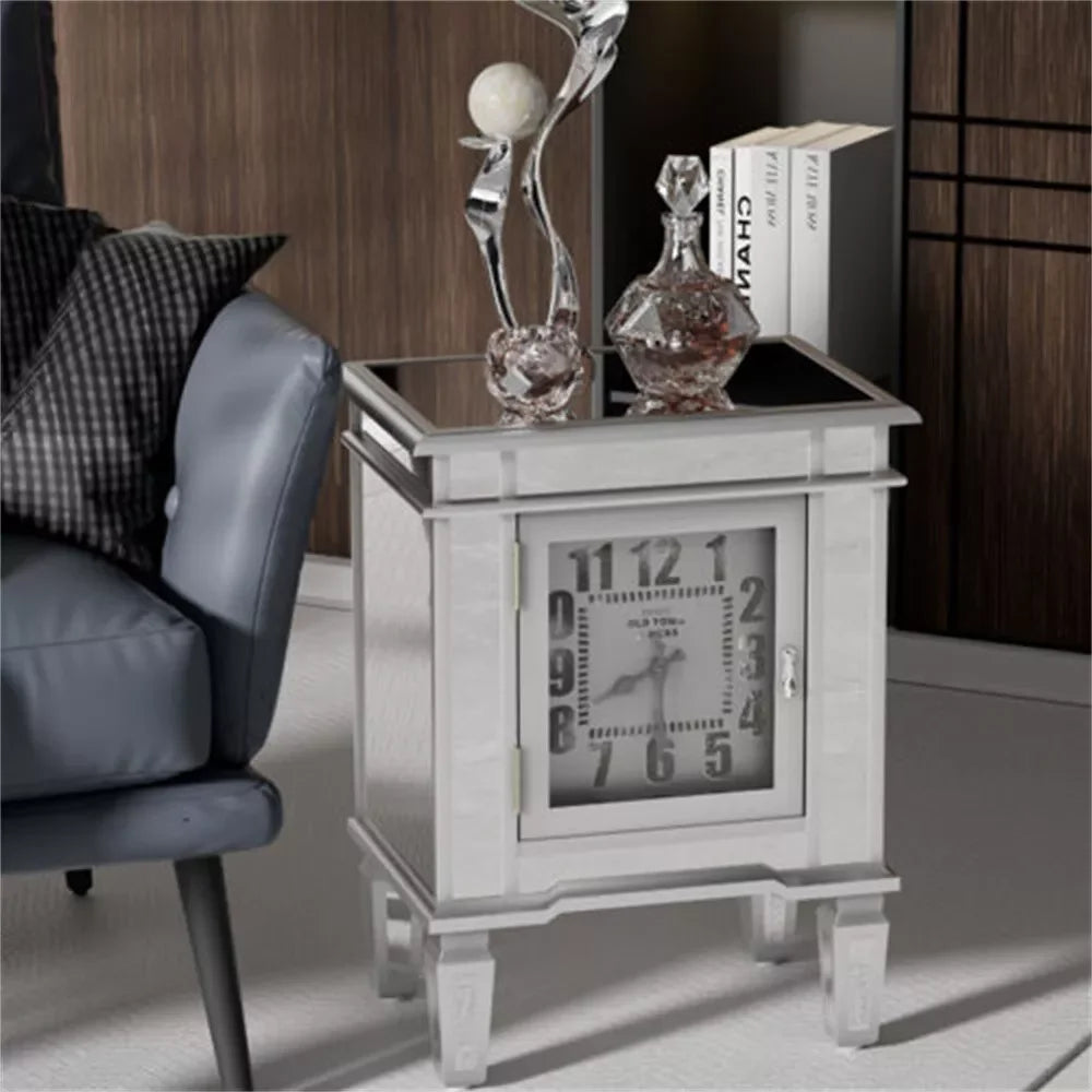 LUVODI  Modern Mirrored End Table Sofa Side Accent Table with Clock Display n 1 Door Cabinet  for Bedroom,Living Room,Study