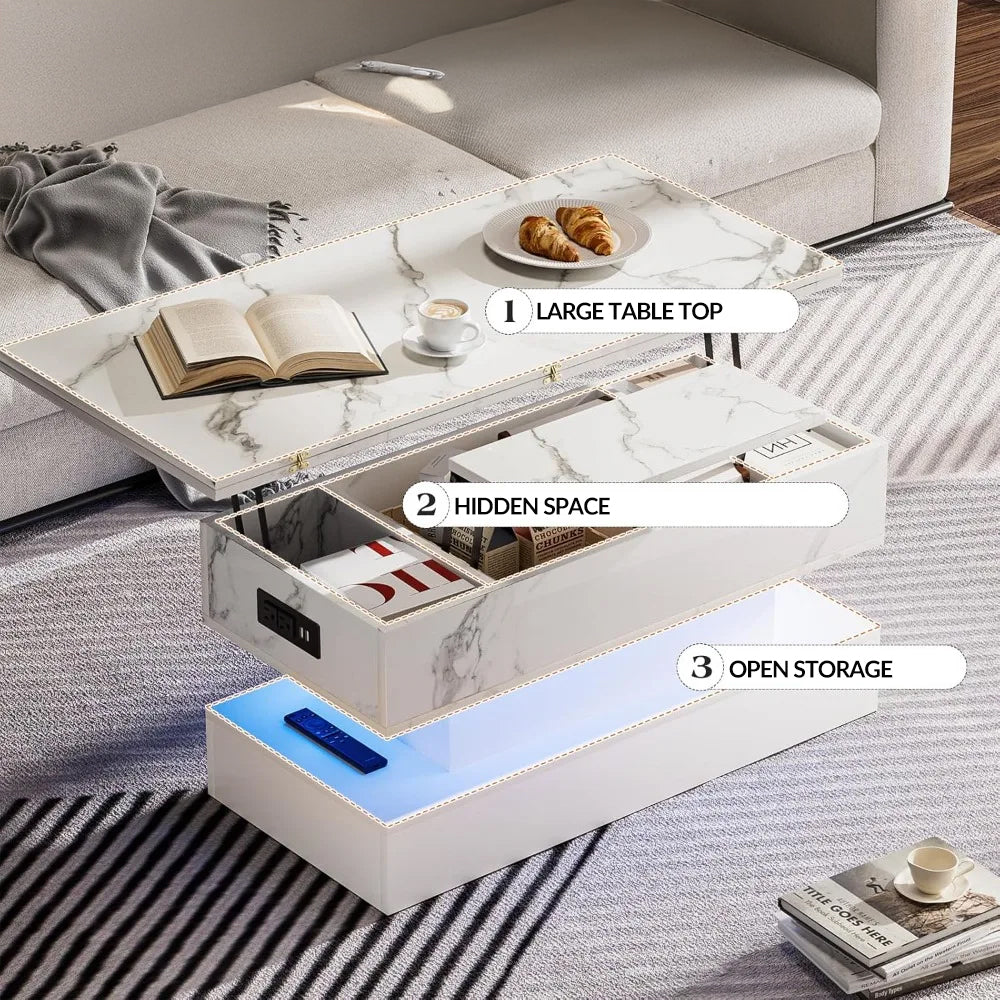 Lift Top  LED Coffee Table with Hidden Storage & Convenient Charging Station for Futuristic Homes