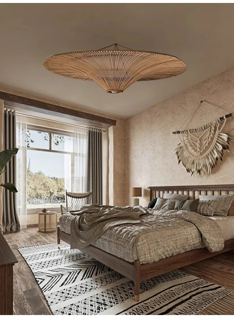 Bohemian Wicker Straw Hat Lamp for Living Room, Restaurant & Shop Decor