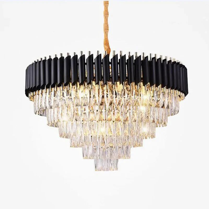 Modern Gold & Black Crystal Chandelier LED Pendant Light for Living Room & Hotel Elegance