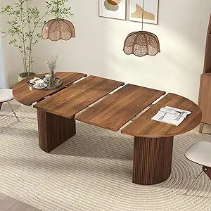 Oval Extendable Dining Table – Farmhouse Style with Fluted Base for Family Gatherings