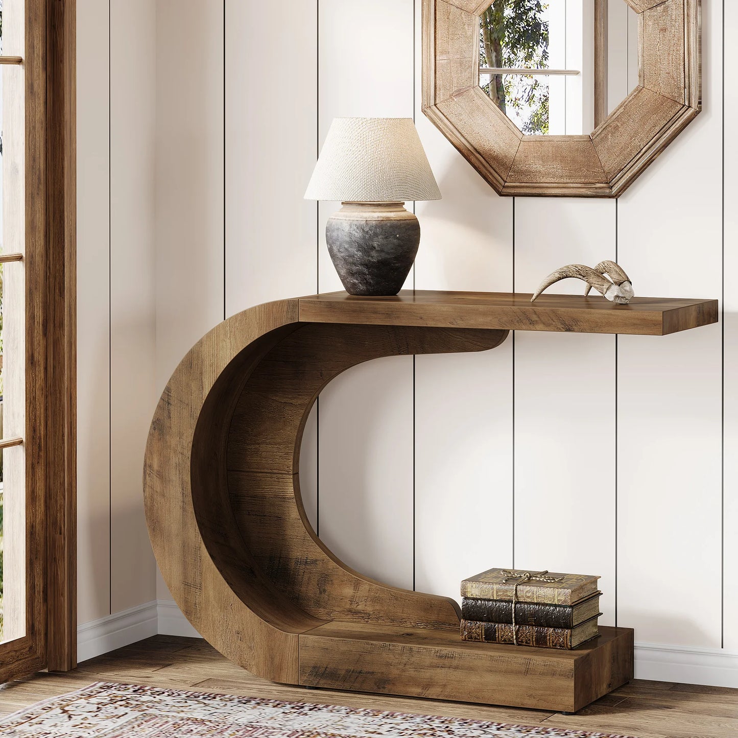 Tribesigns Wood Console Table – 43.3" Mid-Century Modern C-Shaped Accent for Living Room