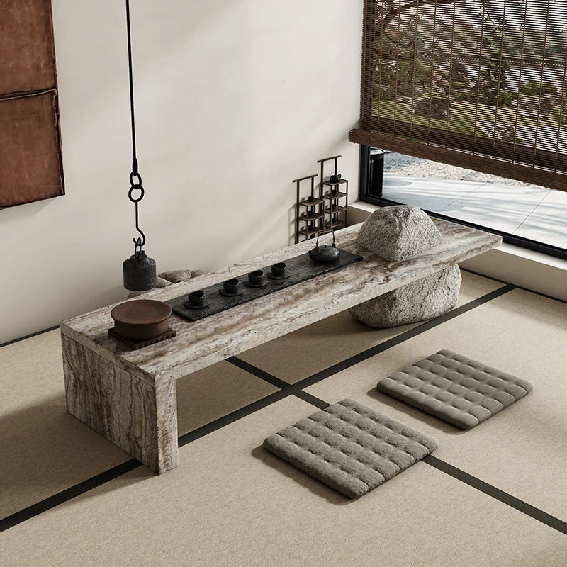 Wabi Sabi Zen Tea Table With Minimalist Marble Desk for Living Room, Office & Meditation Spaces