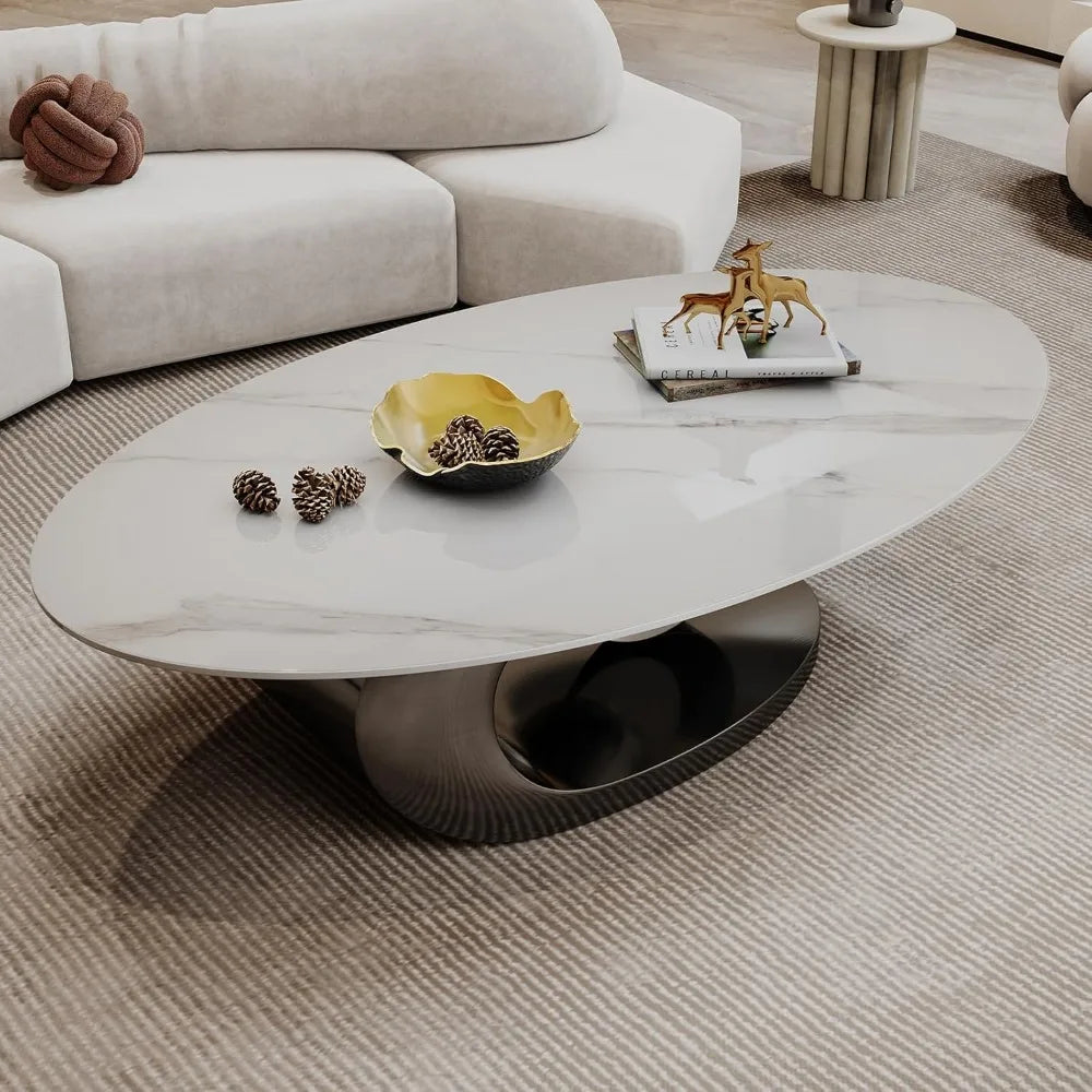 Modern Oval Stone Coffee Table Elegant Gray Metal Base Centerpiece for Luxury Living Rooms