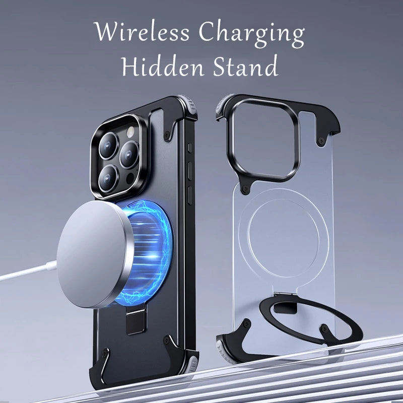 Sleek & Sturdy: Aluminum Alloy Magnetic Stand Rimless Phone Case for iPhone 13, 14, 15 Pro Max & 15 Plus!