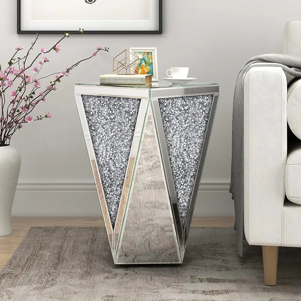 Crystal Diamond Mirrored Coffee Table – Silver Glass Side Table for Hallway & Home Decor