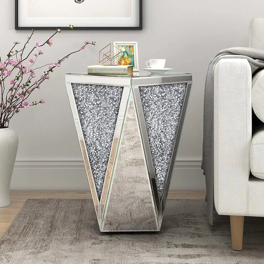 Crystal Diamond Mirrored Coffee Table – Silver Glass Side Table for Hallway & Home Decor
