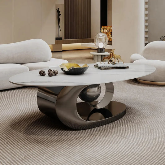 Modern Oval Stone Coffee Table Elegant Gray Metal Base Centerpiece for Luxury Living Rooms