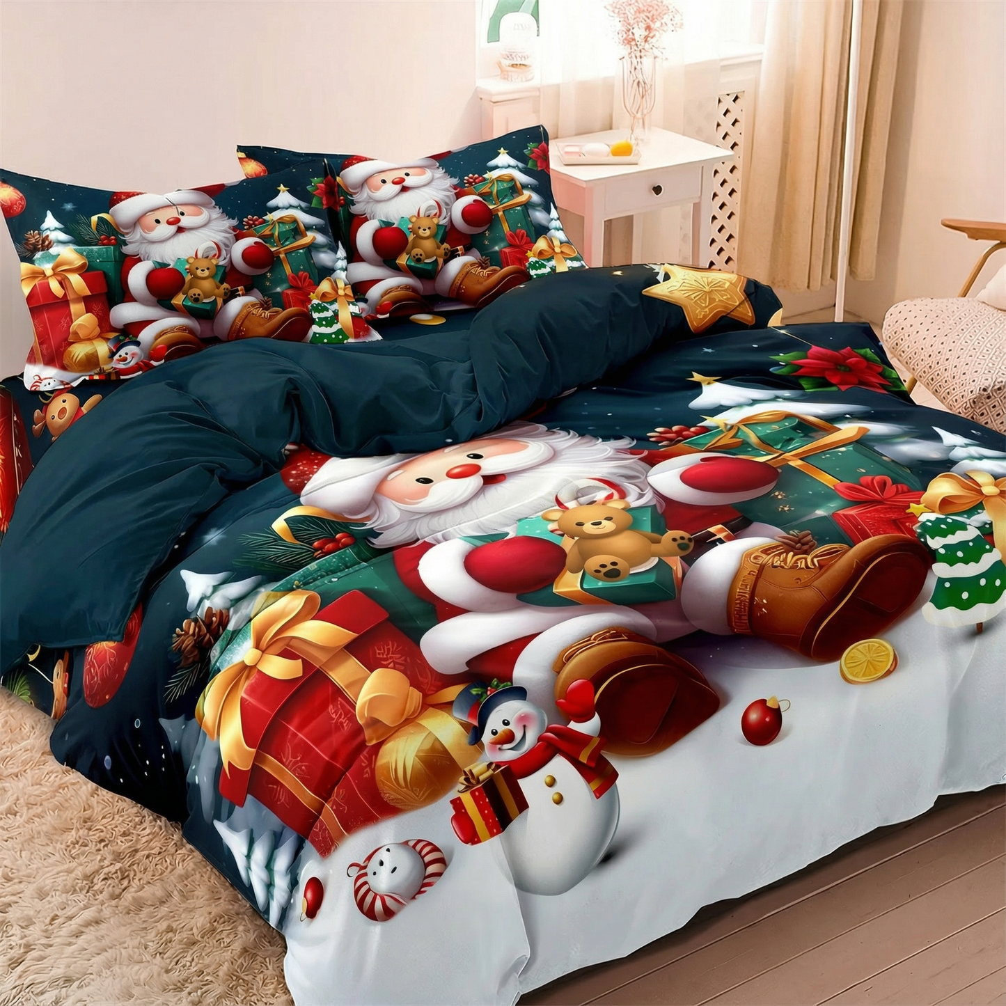 Cozy Christmas Bedding Set Santa & Snowman Duvet Cover 3PCS Gift Pack