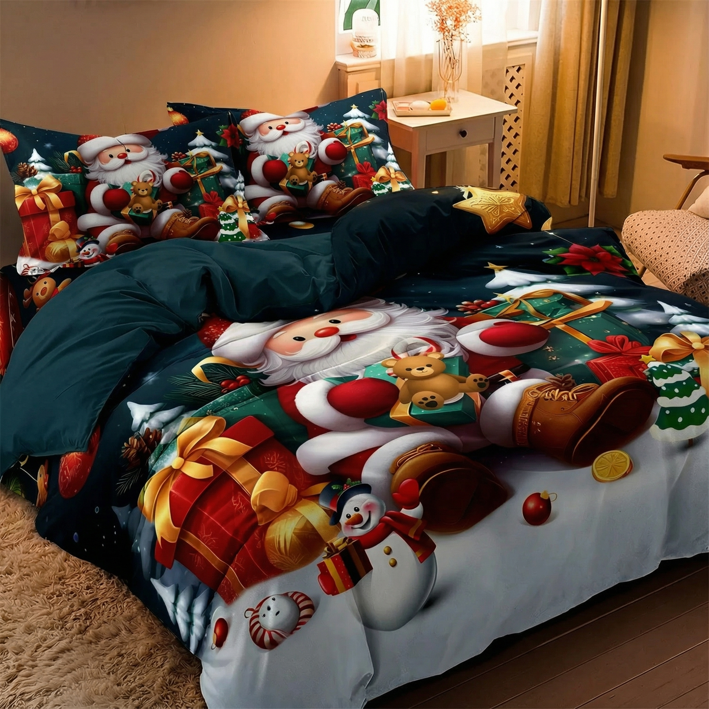 Cozy Christmas Bedding Set Santa & Snowman Duvet Cover 3PCS Gift Pack