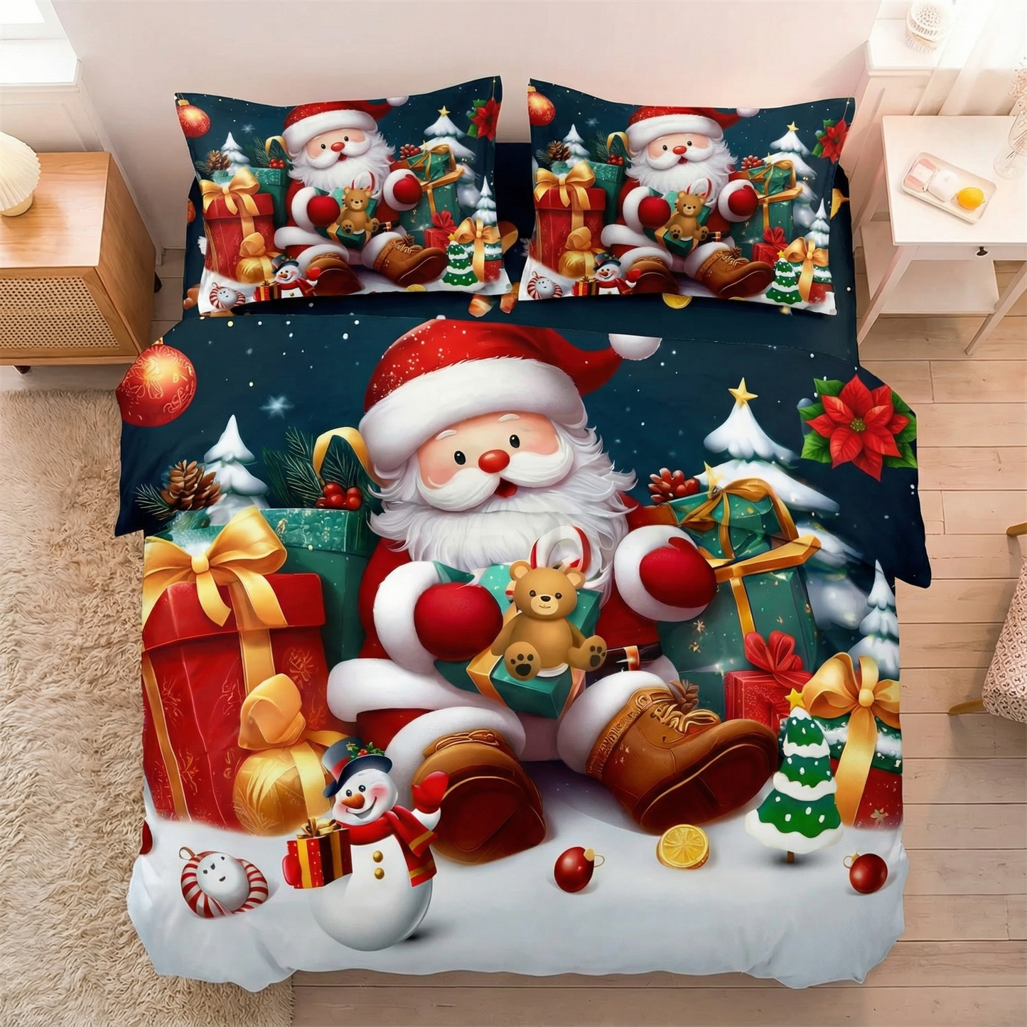 Cozy Christmas Bedding Set Santa & Snowman Duvet Cover 3PCS Gift Pack