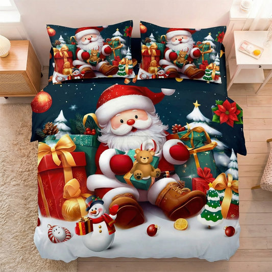 Cozy Christmas Bedding Set Santa & Snowman Duvet Cover 3PCS Gift Pack