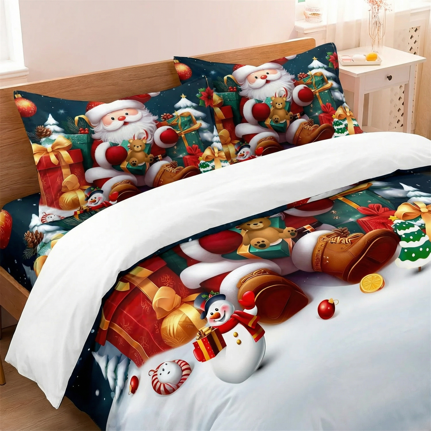 Cozy Christmas Bedding Set Santa & Snowman Duvet Cover 3PCS Gift Pack