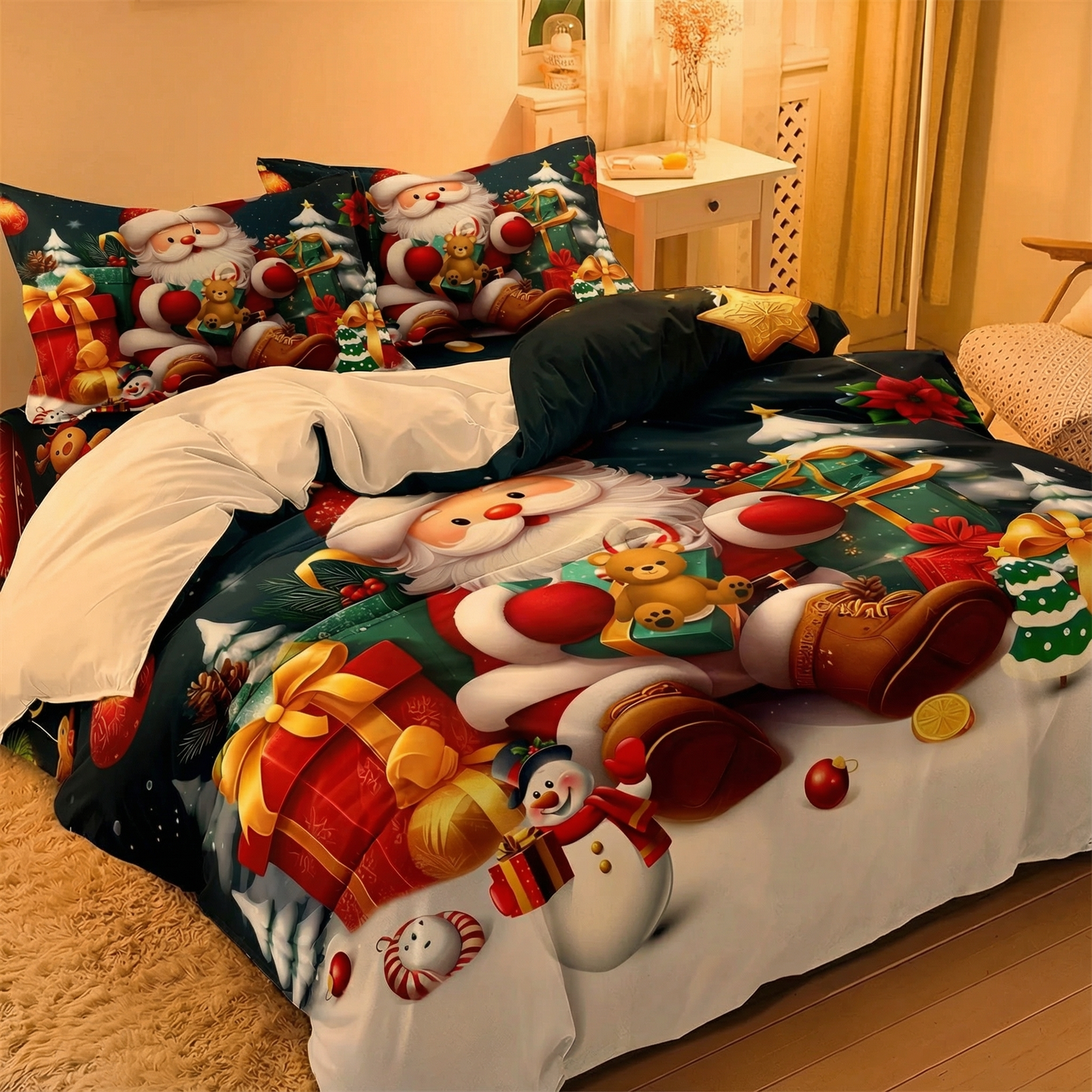 Cozy Christmas Bedding Set Santa & Snowman Duvet Cover 3PCS Gift Pack