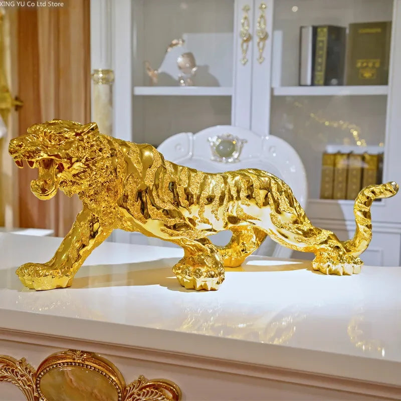 Gilded Elegance: Golden Lucky Tiger Sculpture - A Majestic Resin Craft for Modern Home & Office Decor!