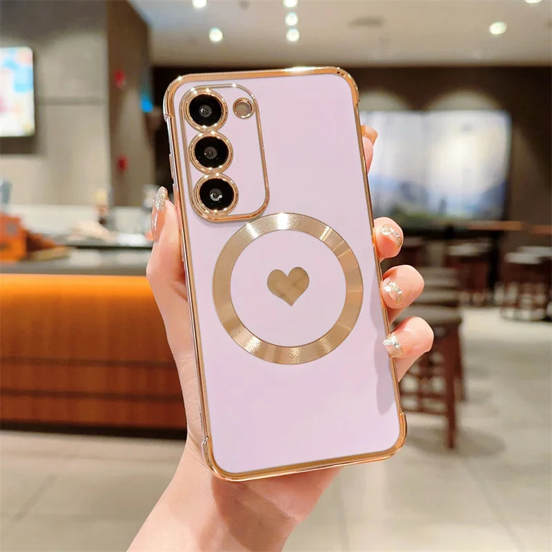 Love Heart Plating Magnetic Phone Case for Samsung Galaxy S24, S23, S22, S21 Ultra & Plus – Shockproof MagSafe Back Cover!