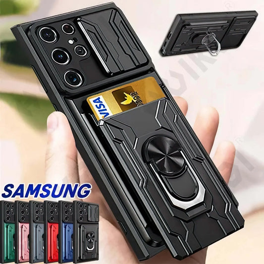 Samsung Galaxy S24 S23 S22 S21 Ultra Slide Camera Card Holder 360° Ring Cover