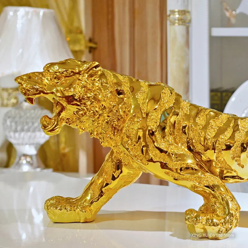 Gilded Elegance: Golden Lucky Tiger Sculpture - A Majestic Resin Craft for Modern Home & Office Decor!