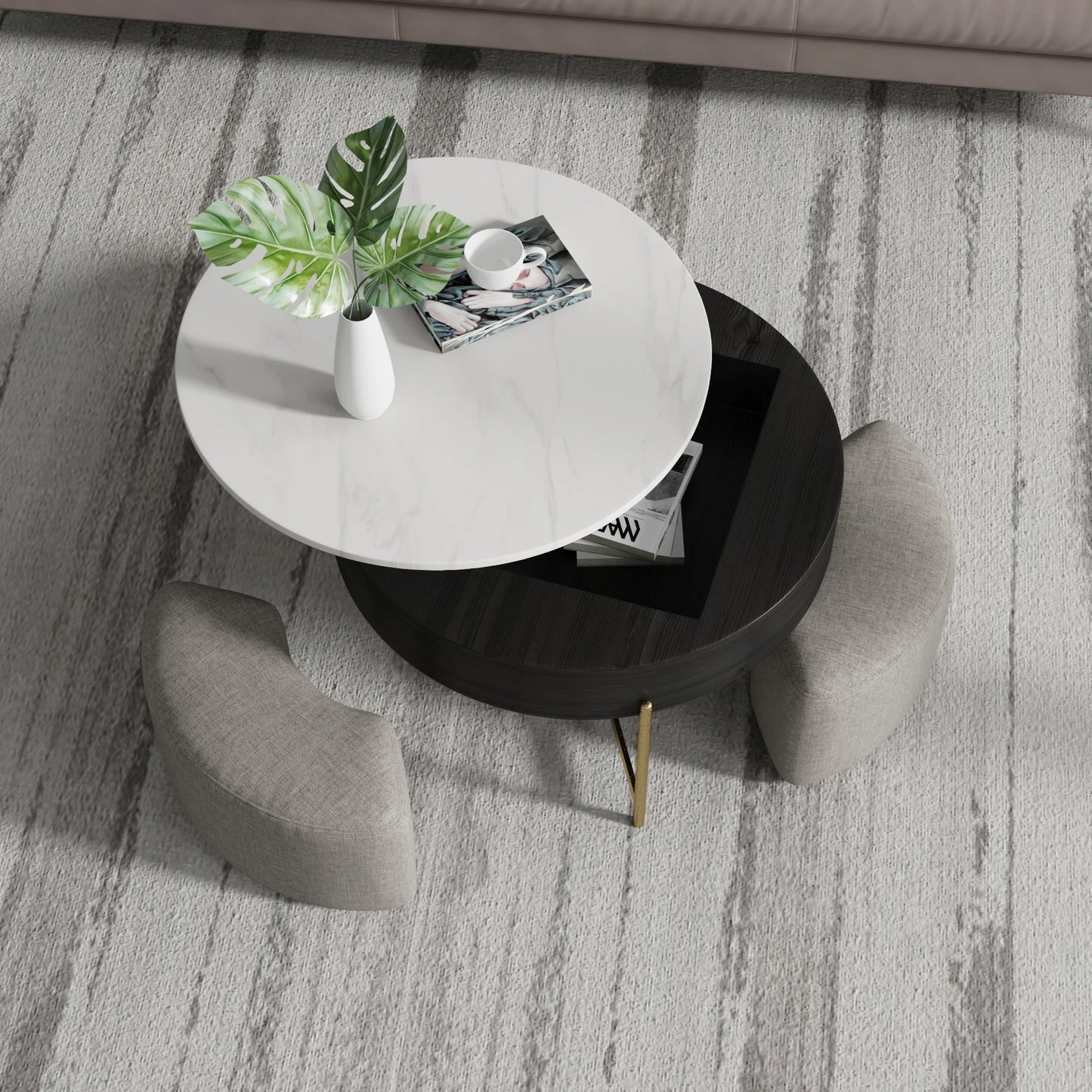 Modern Round Slate Coffee Table with Storage 3 Nesting Stools for Living Room