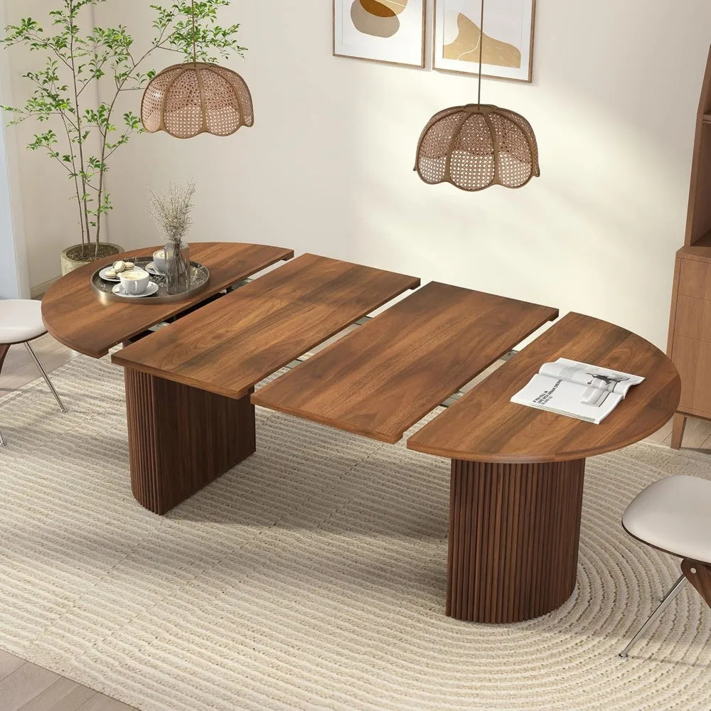 Oval Extendable Dining Table – Farmhouse Style with Fluted Base for Family Gatherings