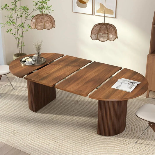 Oval Extendable Dining Table – Farmhouse Style with Fluted Base for Family Gatherings