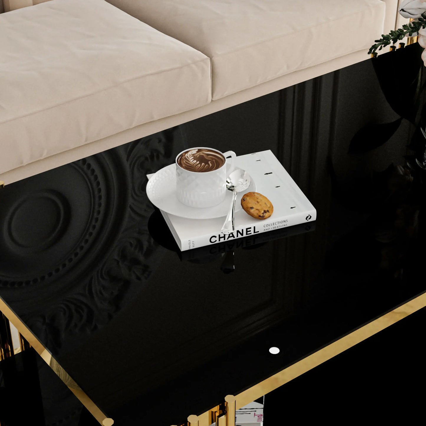 Stainless Steel Glass Coffee Table with Gold Accents