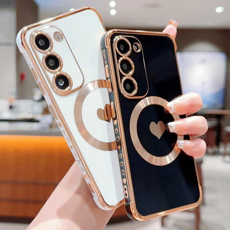Love Heart Plating Magnetic Phone Case for Samsung Galaxy S24, S23, S22, S21 Ultra & Plus – Shockproof MagSafe Back Cover!