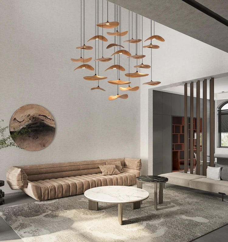 Japanese Lotus Leaf Chandelier Wabi Sabi Wooden Art Light for Zen Villas & Luxury Dining Spaces