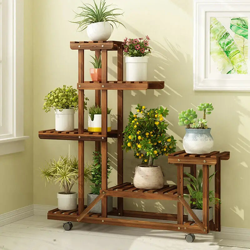 Multi-Layer Wooden Plant Rack with Wheels