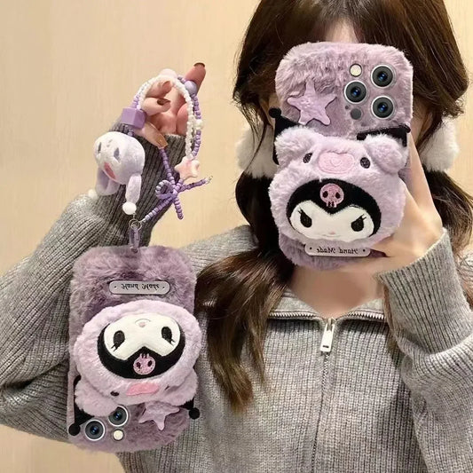 Adorable Sanrio Kuromi Plush Phone Case Cozy Winter Protection for iPhone 12-16 Pro Max Perfect Kawaii Gift