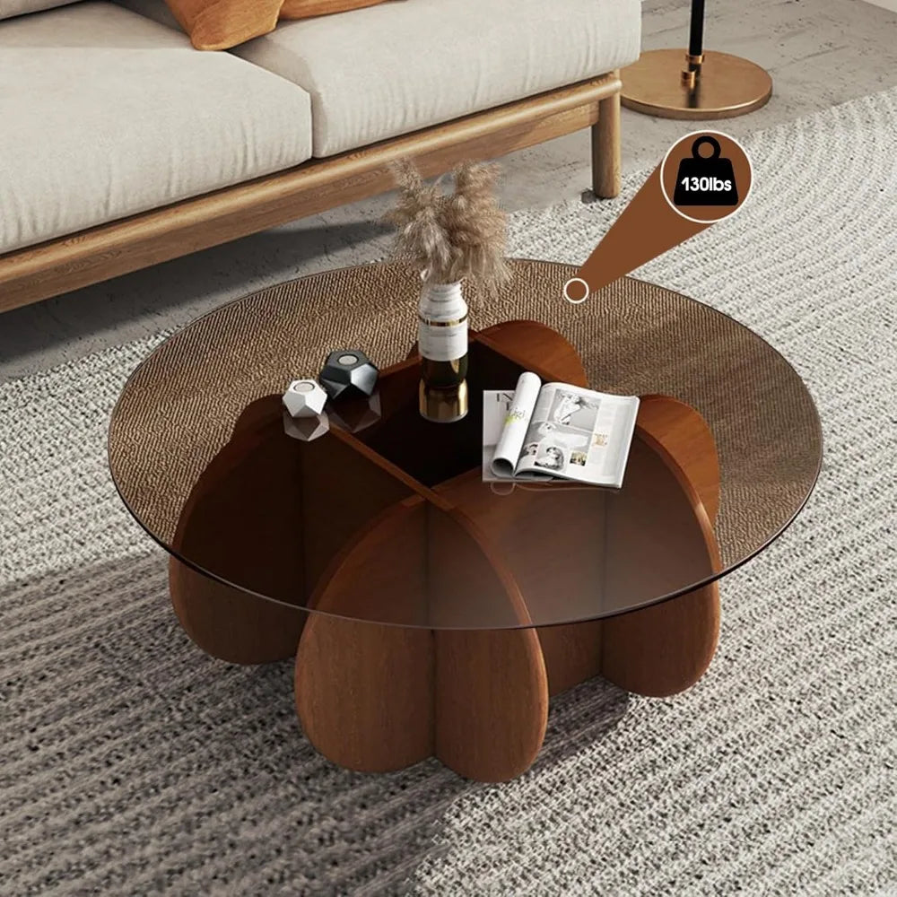 Modern Round Coffee Table With Solid Wood Legs for Living Room