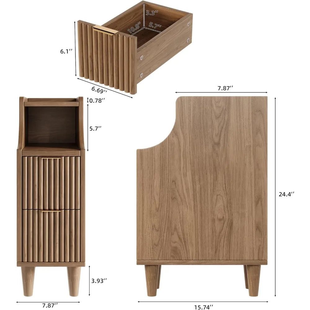 Fluted Nightstands Set of 2 Modern Walnut Bedside Tables with Drawers & Storage for Stylish Bedrooms