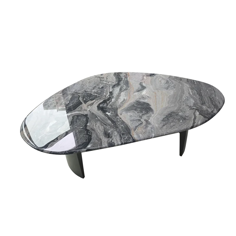 Round Natural Marble Coffee Table With Metal Base & Oval Center for Living Room