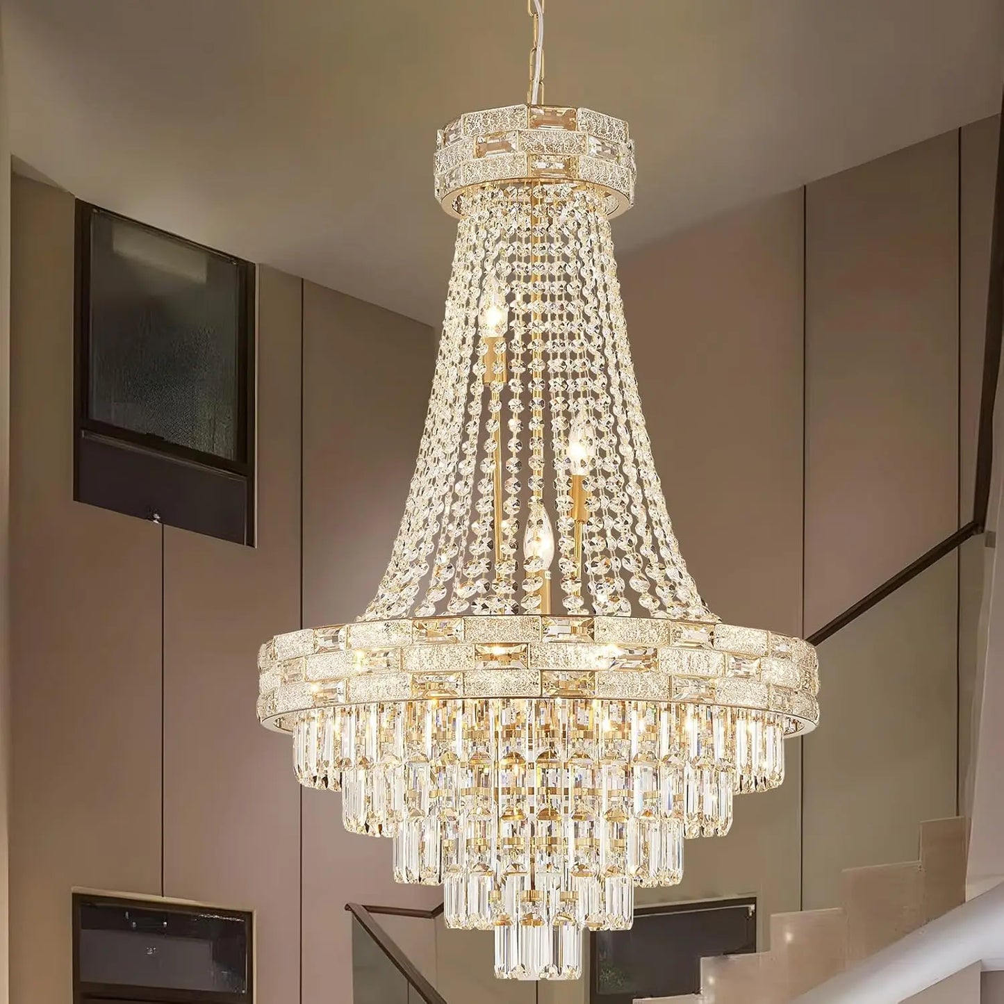 Modern Gold Crystal Chandelier Large LED Pendant Light Perfect for Dining Rooms & Living Spaces