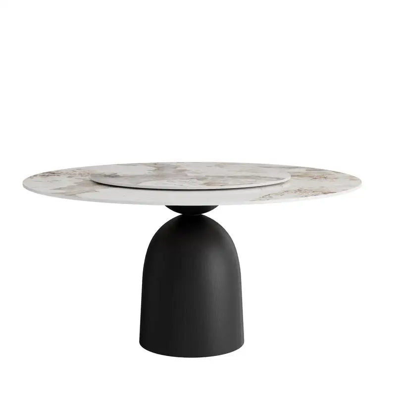 Black Round Dining Table with Sintered Stone Top & Lazy Susan for Living Room