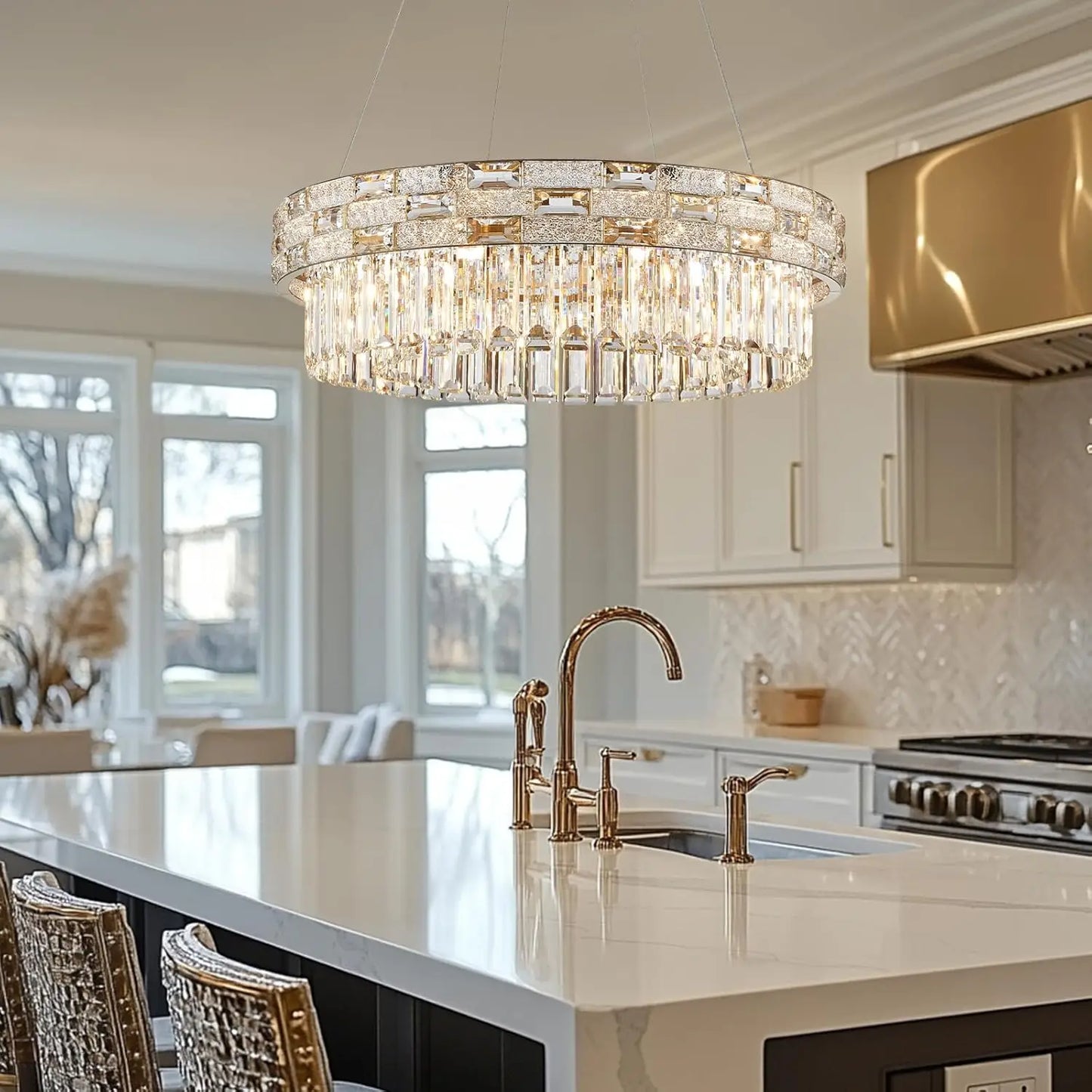 Modern Gold Crystal Chandelier Large LED Pendant Light Perfect for Dining Rooms & Living Spaces